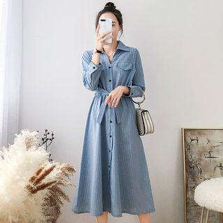 Long-sleeve Pinstriped A-line Shirt Dress