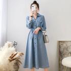Long-sleeve Pinstriped A-line Shirt Dress