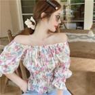 Elbow-sleeve Floral Chiffon Top Floral - White - One Size