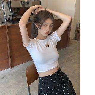 Short-sleeve Bear Embroidered Cropped Top