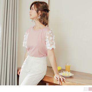Flower Panel Sleeve Round Neck Top