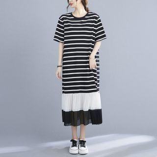 Short-sleeve Striped Panel A-line Midi Dress Black & White - One Size