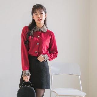 Plaid Collar Button-trim Cardigan