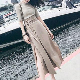 Set: Plain Short-sleeve T-shirt + Side Slit Midi A-line Skirt