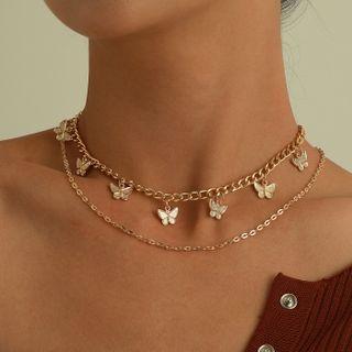 Set : Butterfly Pendant Alloy Choker + Alloy Necklace