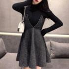 Set: Mock-neck Knit Top + Strappy A-line Dress