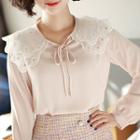 Tie-neck Capelet Puff-sleeve Blouse