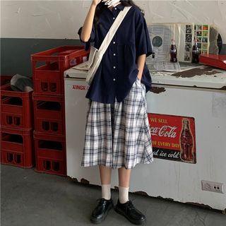 Elbow-sleeve Shirt / Plaid A-line Midi Skirt