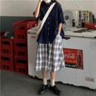 Elbow-sleeve Shirt / Plaid A-line Midi Skirt