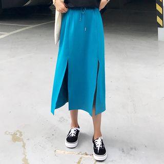 Heart Print Short-sleeve T-shirt / Slit Midi Skirt