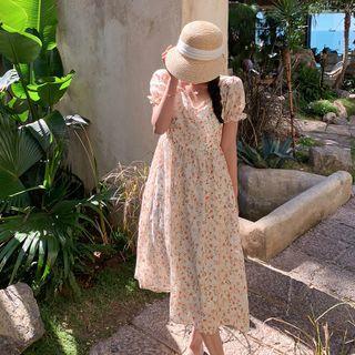 Short Sleeve V-neck Beaded Trim Floral A-line Dress