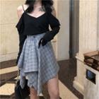 Long-sleeve Cold-shoulder Top / Plaid Hanky Hem A-line Skirt