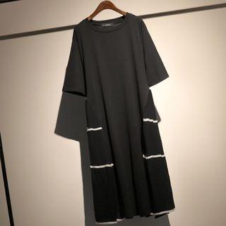 Elbow-sleeve Maxi T-shirt Dress Black - One Size