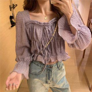 Flare-sleeve Ruffled Top Cream Purple - One Size