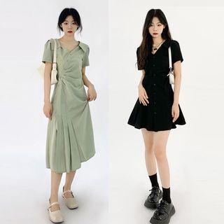Short Sleeve Asymmetrical Pleated Midi Shirtdress / Mini Shirtdress