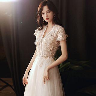 Short-sleeve Floral Embellished Evening Gown (various Designs)