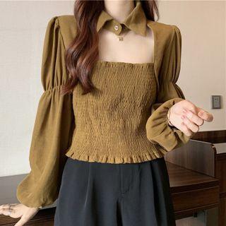 Balloon-sleeve Cut-out Crinkle Blouse