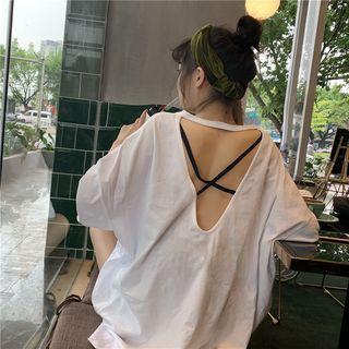 Elbow-sleeve Lettering Open-back T-shirt