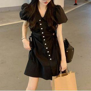 Puff-sleeve Asymmetrical Drawstring Cutout A-line Dress