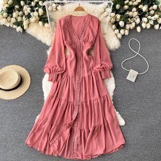 V-neck Lace Flower Trim Long-sleeve Chiffon Dress