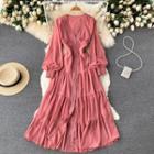 V-neck Lace Flower Trim Long-sleeve Chiffon Dress