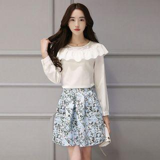 Set: Ruffle Blouse + Floral A-line Skirt