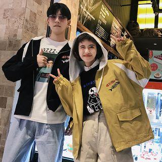 Couple Matching Fishbone Print Hooded Zip Jacket