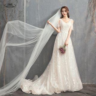 Short-sleeve Cold-shoulder V-neck Wedding A-line Gown