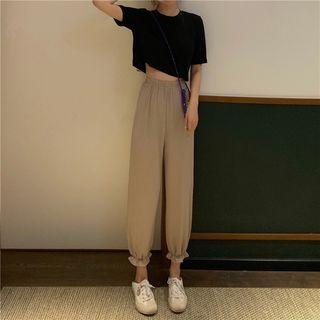 Set: Cropped Crew-neck Short-sleeve T-shirt + Cropped Harem Pants