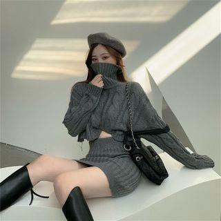 Set: Turtleneck Chunky Knit Cropped Sweater + Mini Skirt