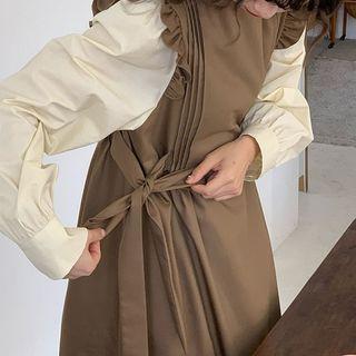 Long-sleeve Mock Two-piece Ruffle Midi Dress