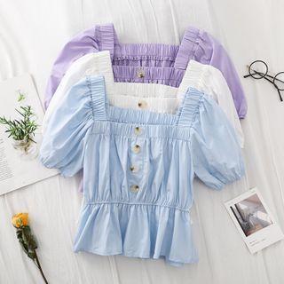 Buttoned Puff-sleeve Peplum Blouse