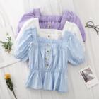 Buttoned Puff-sleeve Peplum Blouse