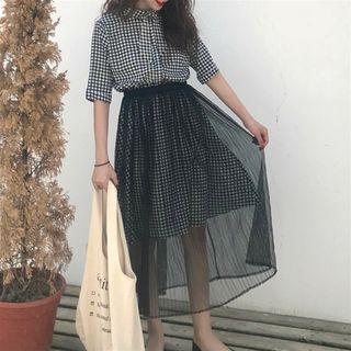 Set: Gingham Short-sleeve Dress + Mesh Midi Skirt