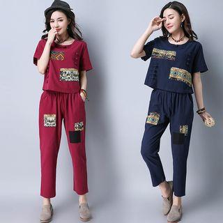 Set: Short Sleeve Linen Cotton Top + Applique Pants