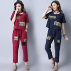Set: Short Sleeve Linen Cotton Top + Applique Pants