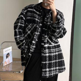 Long-sleeve Plaid Tweed Coat