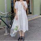Set: Puff-sleeve Plaid Midi A-line Dress + Crossbody Bag