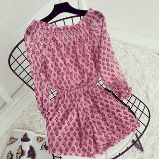 Print Off-shoulder Long-sleeve Playsuit