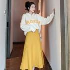 Set: Lettering Polo Collar Sweater + Midi A-line Skirt Sweater - Off White - One Size / Skirt - Yellow - One Size