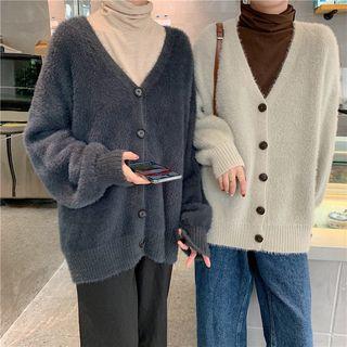 V-neck Oversize Plain Furry Cardigan