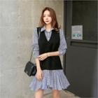 Set: V-neck Sleeveless Knit Top + Striped Shirtdress Black & Blue - One Size