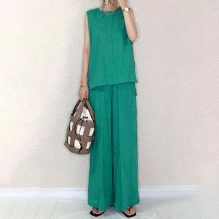 Set: Plain Tank Top + High Waist Pants Green - M