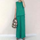 Set: Plain Tank Top + High Waist Pants Green - M