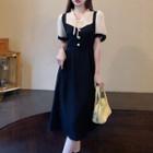 Short-sleeve Mock Two-piece Ruffle Trim Tie-neck Midi Dress