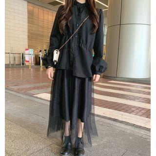 Mandarin Collar Long-sleeve Blouse / Mesh Midi A-line Skirt