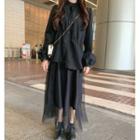 Mandarin Collar Long-sleeve Blouse / Mesh Midi A-line Skirt