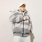 Striped Hooded Fleece Zip-up Jacket