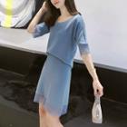 Set: Elbow-sleeve Mesh Panel Knit Top + Mesh Panel A-line Knit Skirt Blue - One Size
