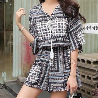 Wide-sleeve Tasseled Patterned Playsuit